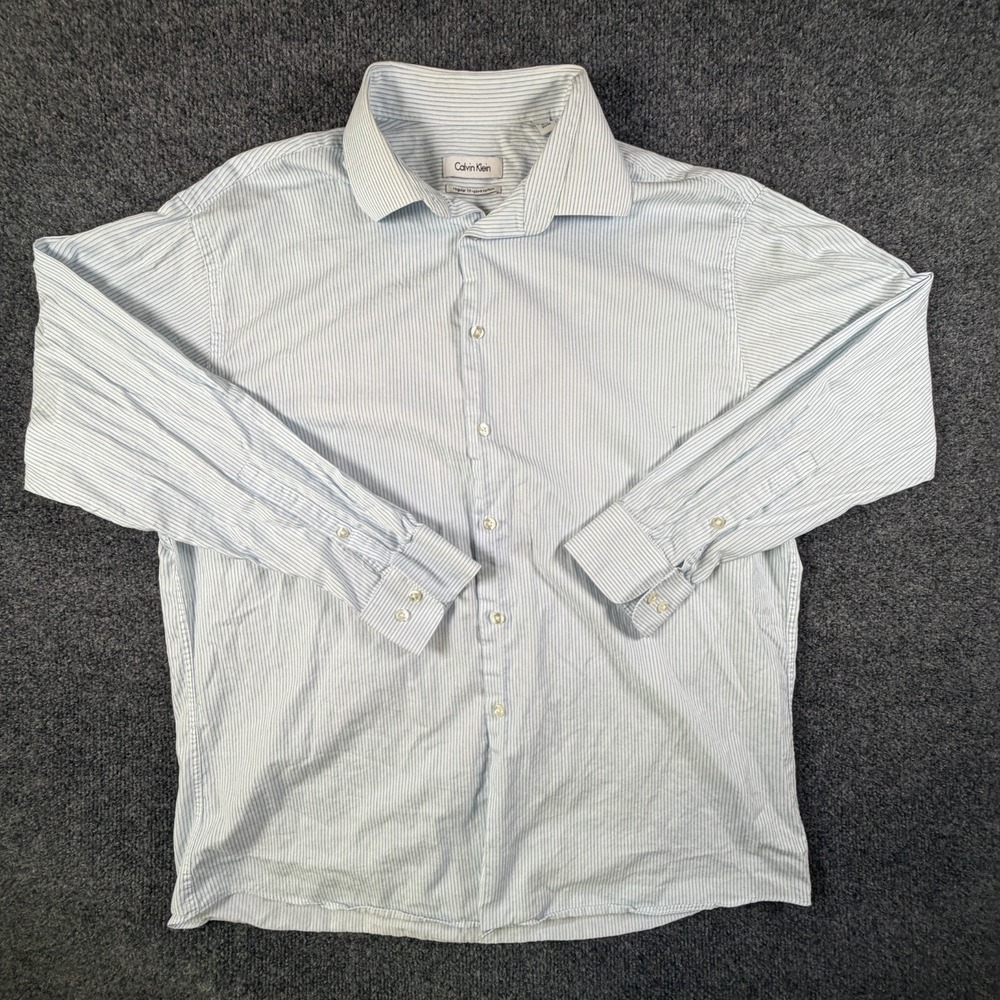 Calvin Klein Dressโ Shirt Mens 16.5 White Blue Striped Cotton Formal Business
